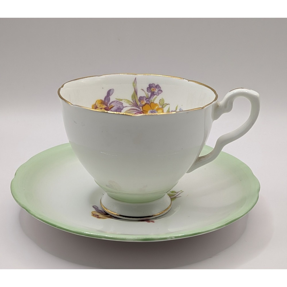 Royal Stafford England Tea Cup And Saucer Mint Green White Floral Design